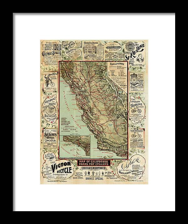 Map Of California Roads For Cyclers Framed Print featuring the drawing Map of California Roads for Cyclers - Historical maps by Studio Grafiikka