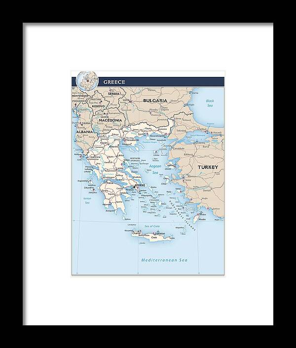 Albania Framed Print featuring the photograph Map of Greece 2 by Roy Pedersen