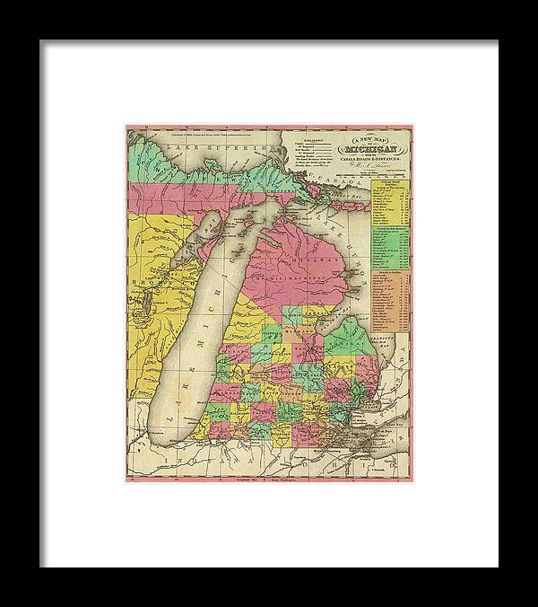 Map Framed Print featuring the drawing Map of Michigan 1836 by Mountain Dreams