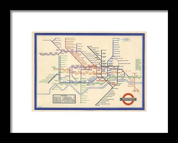 Map Of The London Underground Framed Print featuring the drawing Map of the London Underground - London Metro - 1933 - Historical Map by Studio Grafiikka