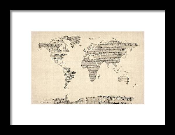 World Map Framed Print featuring the digital art Map of the World Map from Old Sheet Music by Michael Tompsett