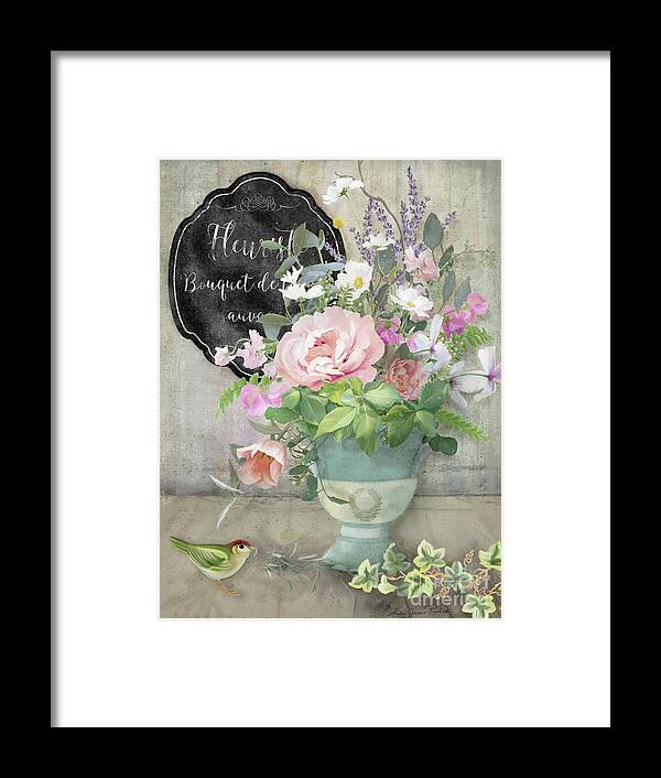 Marche Aux Fleurs Framed Print featuring the painting Marche aux Fleurs 3 Peony Tulips Sweet Peas Lavender and Bird by Audrey Jeanne Roberts