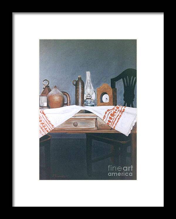 Teble Framed Print featuring the painting Marias Old table by George Siaba