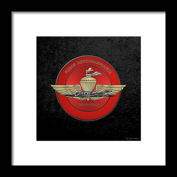 'military Insignia & Heraldry' Collection By Serge Averbukh Framed Print featuring the digital art Marine Force Reconnaissance - U S M C  F O R E C O N Insignia over Black Velvet by Serge Averbukh