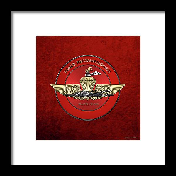 'military Insignia & Heraldry' Collection By Serge Averbukh Framed Print featuring the digital art Marine Force Reconnaissance - U S M C  F O R E C O N Insignia over Red Velvet by Serge Averbukh