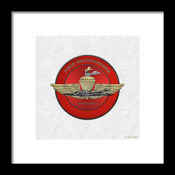 'military Insignia & Heraldry' Collection By Serge Averbukh Framed Print featuring the digital art Marine Force Reconnaissance - U S M C  F O R E C O N Insignia over White Leather by Serge Averbukh