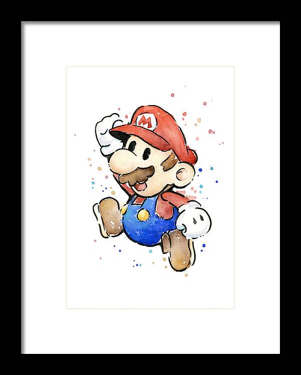 Video Game Framed Print featuring the painting Mario Watercolor Fan Art by Olga Shvartsur