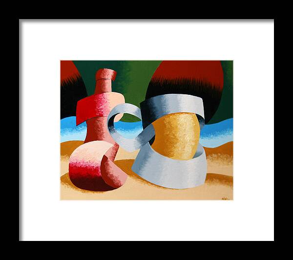 Oil Framed Print featuring the painting Mark Webster - Abstract Futurist Beer Mug and Bottle by Mark Webster