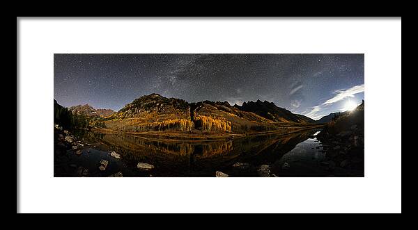 All Rights Reserved Framed Print featuring the photograph Maroon Lake Milky Way Panorama by Mike Berenson