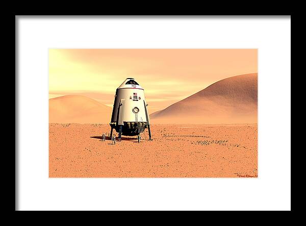 Mars Lander Framed Print featuring the digital art Mars Lander Ares First steps by David Robinson