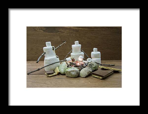 Bar Framed Print featuring the photograph Marshmallow family making s'mores over campfire by Karen Foley