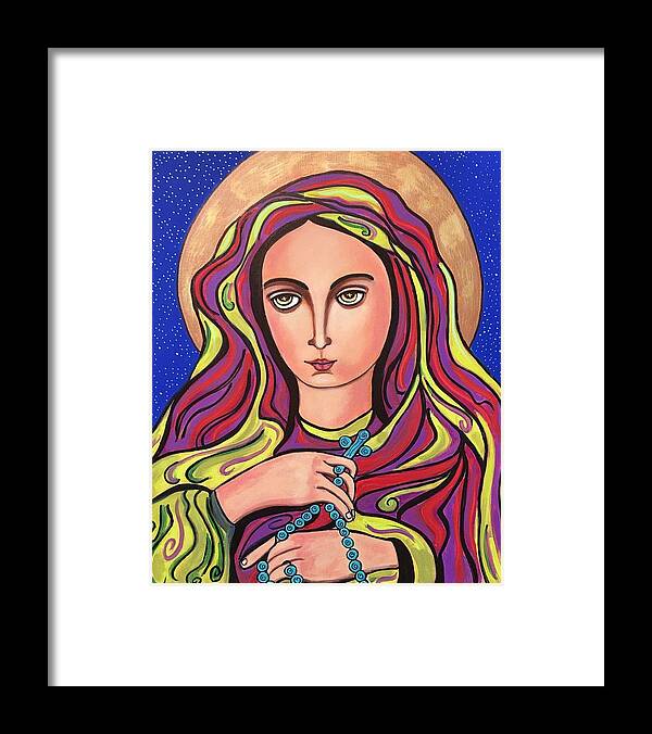 Blessed Virgin Mary Rosary Halo Green Purple Veil Crosses Framed Print featuring the painting Mary and The Rosary by Susie Grossman