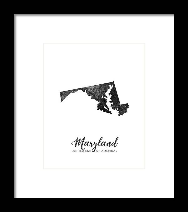 Maryland Framed Print featuring the mixed media Maryland State Map Art - Grunge Silhouette by Studio Grafiikka