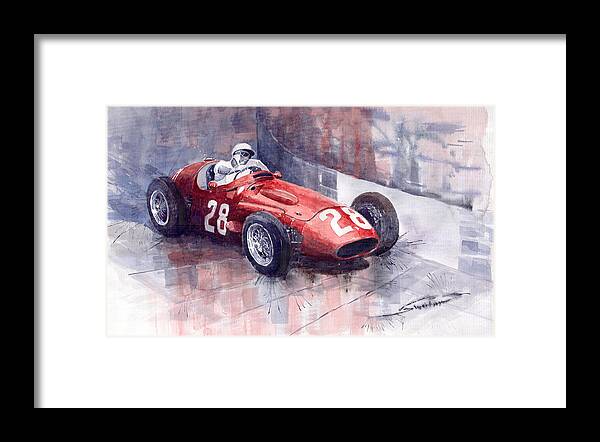 Watercolour Framed Print featuring the painting Maserati 250 F GP Monaco 1956 Stirling Moss by Yuriy Shevchuk