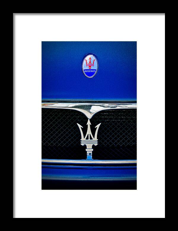 Maserati Hood - Grille Emblems Framed Print featuring the photograph Maserati Hood - Grille Emblems by Jill Reger