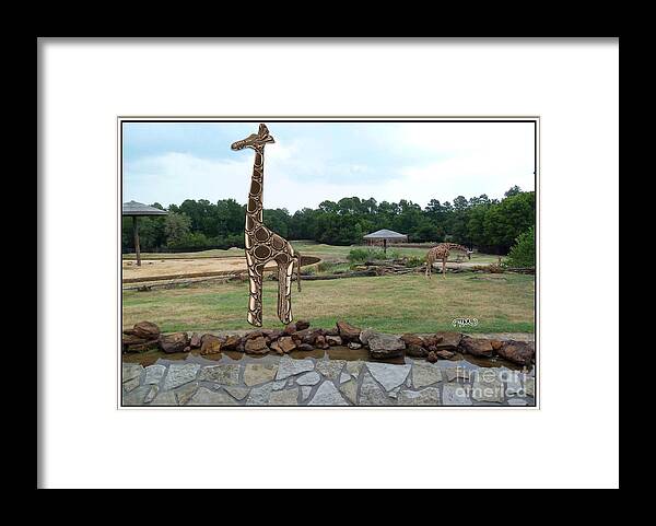 Modern Painting Framed Print featuring the digital art Meadow with the statue of the giraffe 12 by Pemaro