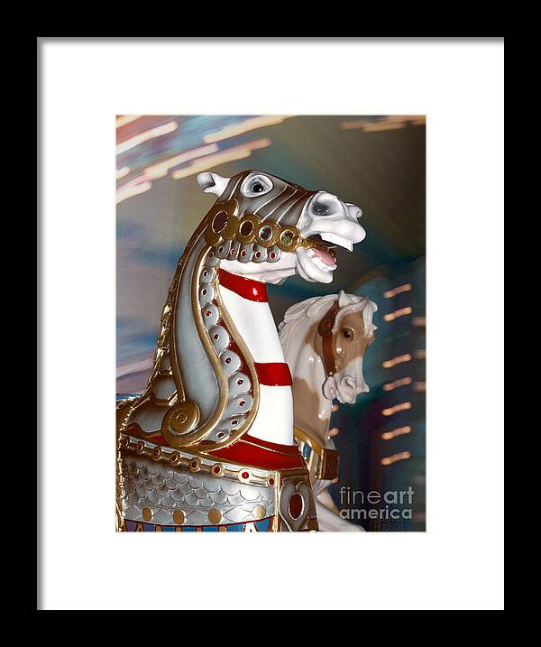 Carousel Framed Print featuring the photograph medieval horse in armor - Silver War Horse by Sharon Hudson