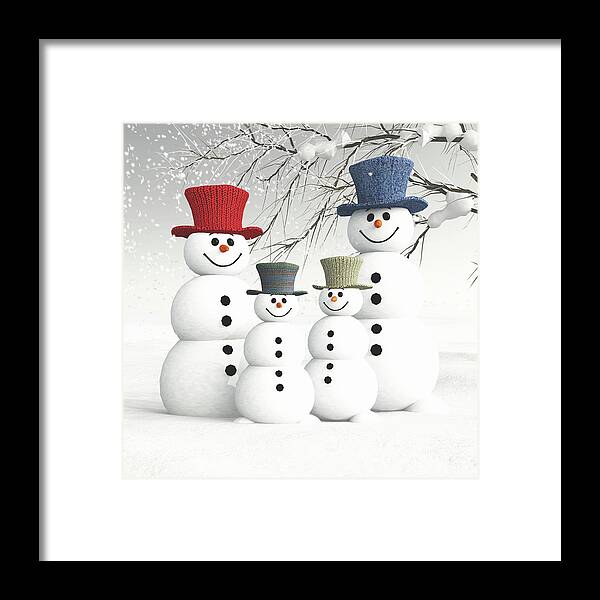 Christmas Framed Print featuring the painting Meeting the Snowmen family by Jan Keteleer