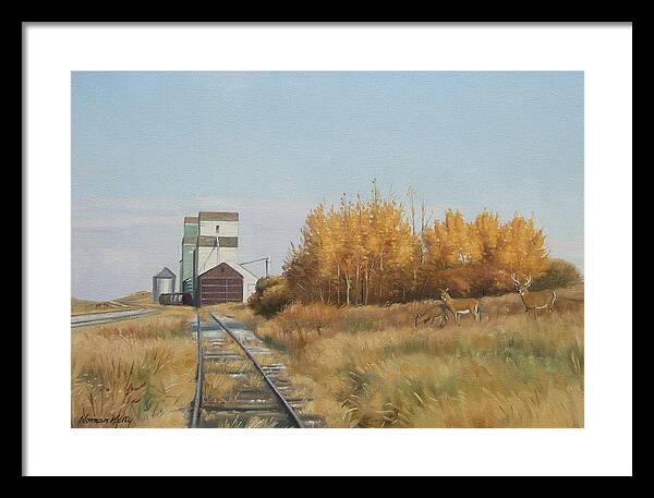 Prairie Landscape - Deer Framed Print featuring the painting Memory days by Norman Kelly