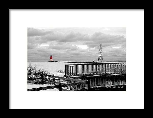 Lighthouse Ann Arbor Park Framed Print featuring the photograph Menominee North Pier Lighthouse on Ice by Mark J Seefeldt