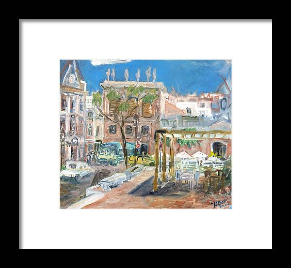 Menorca Spain Town Houses Pink Buildings Cars Trees Taverna Sunny Blue Sky Table Chairs Umbrella Framed Print featuring the painting Menorca II by Joan De Bot