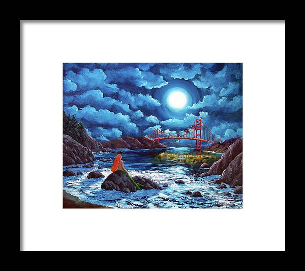 Painting Framed Print featuring the painting Mermaid at the Golden Gate Bridge by Laura Iverson