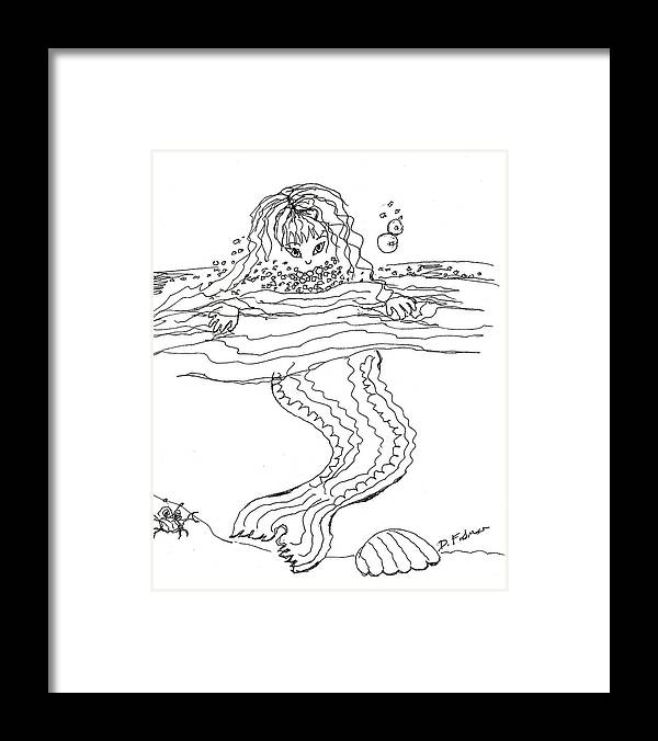 Mermaid Framed Print featuring the drawing Mermaid Bubblebath bw by Denise F Fulmer
