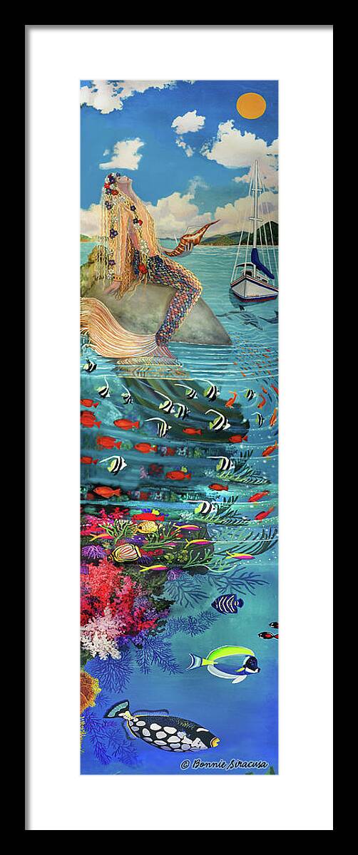 Mermaid In Paradise Framed Print featuring the painting Mermaid in Paradise towel version by Bonnie Siracusa