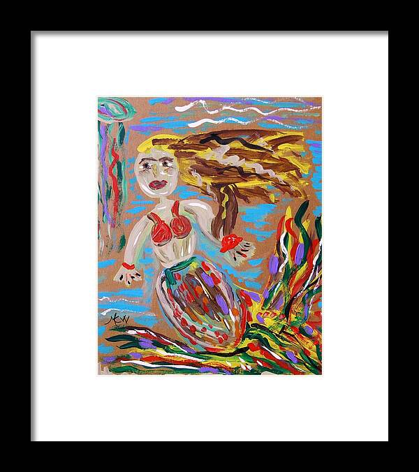 Red Framed Print featuring the painting Mermaid with a Fantastic Fin by Mary Carol Williams