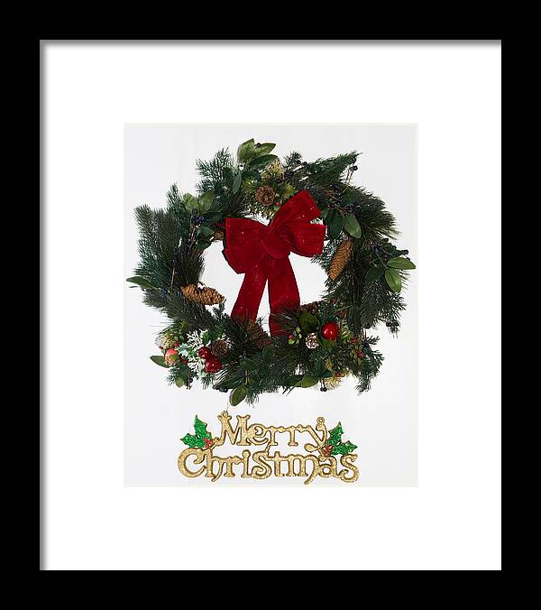 Christmas Wreath With Merry Christmas Words Framed Print featuring the photograph Merry Christmas by Kenneth Cole