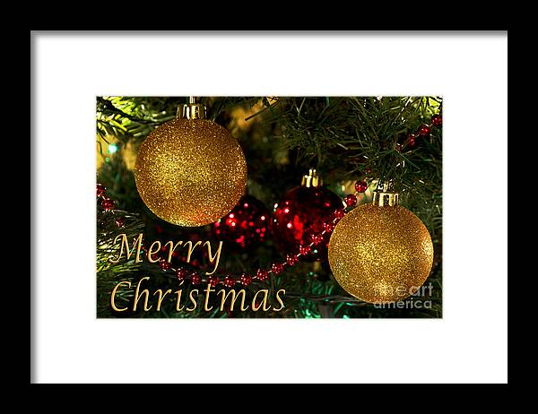 Merry Christmas Framed Print featuring the photograph Merry Christmas with Gold Ball Ornaments by Maria Janicki