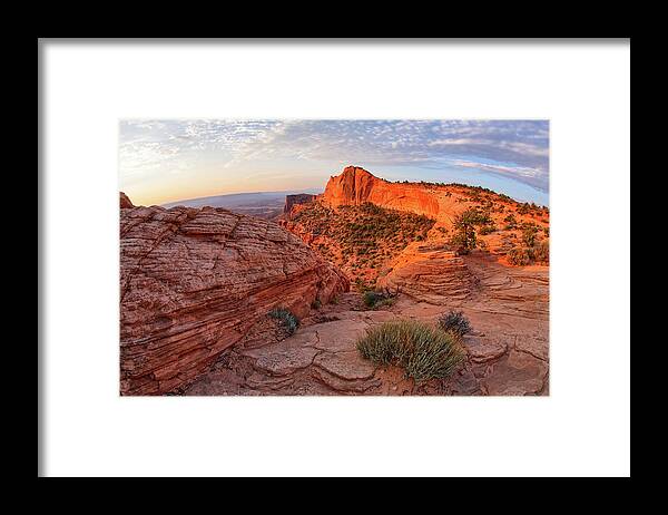 America Framed Print featuring the photograph Mesa Arch overlook at dawn by Kyle Lee