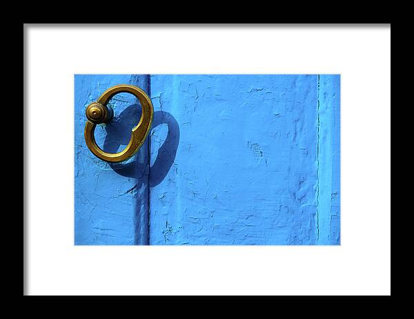 Minimal Framed Print featuring the photograph Metal Knob Blue Door by Prakash Ghai