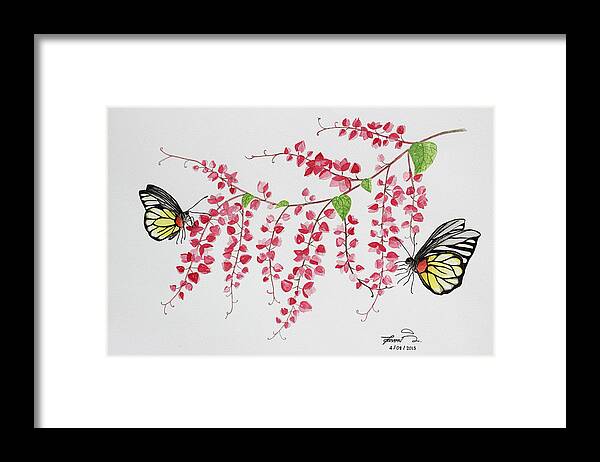 Mexican Creeper Flower Framed Print featuring the photograph Mexican creeper flower and butterfly. by Sudarat Wilairat