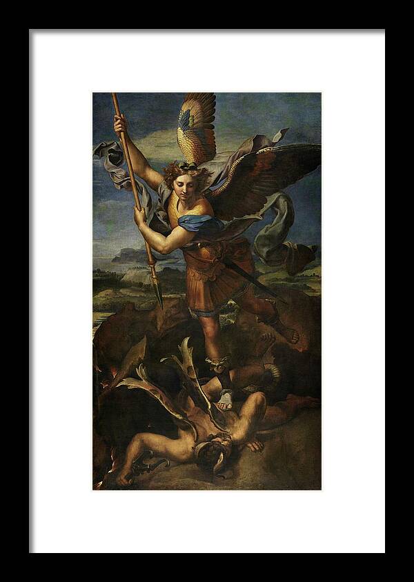 Urbino Framed Print featuring the painting Michael defeats Satan by Raphael