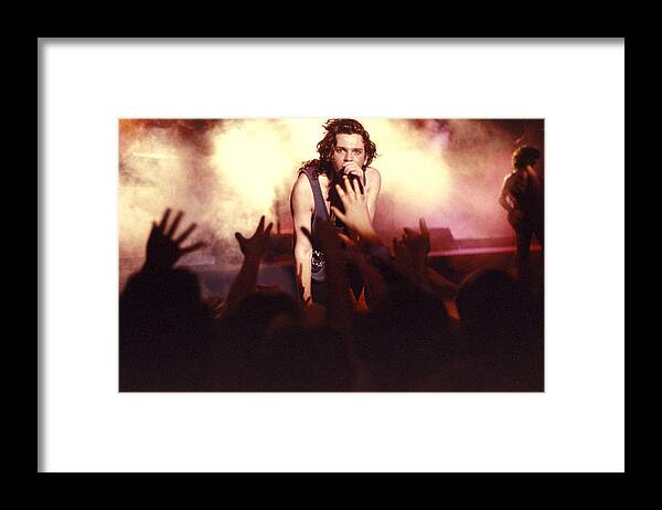 Michael Hutchence Framed Print featuring the photograph Michael Hutchence and INXS 1985 by Sean Davey