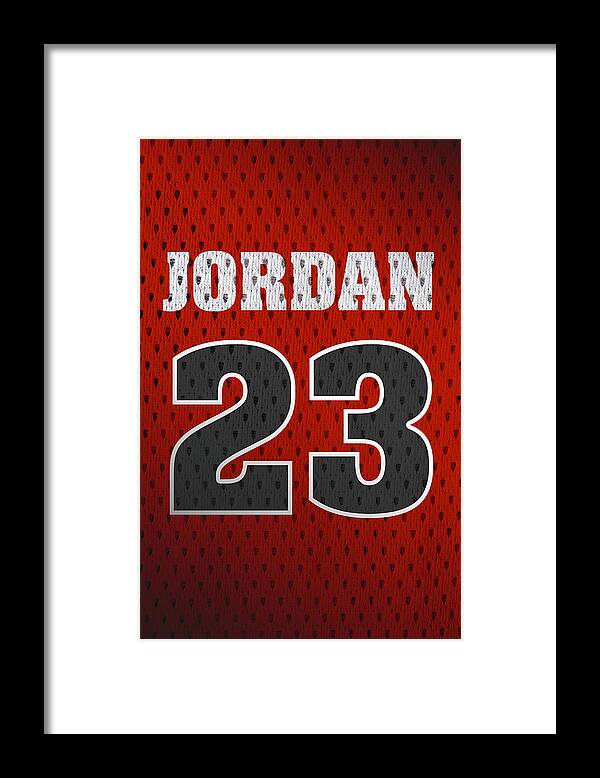 Michael Jordan Framed Print featuring the mixed media Michael Jordan Chicago Bulls Retro Vintage Jersey Closeup Graphic Design by Design Turnpike