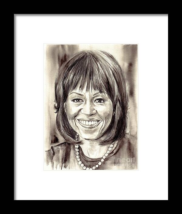 Michelle Framed Print featuring the painting Michelle Obama watercolor portrait by Suzann Sines