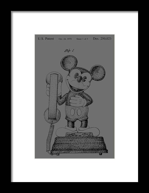 Mickey; Mouse; Novelty; Phone; Patent; 1978; Toy; Walt; Disney; Us; Inventor; Invention; Fashion; Design; Abstract; Brand; T-shirt; Hoodies; Patent Illustration; Crafts; Blueprint; Collectable; Vintage Patent; Nostalgia; Technical Illustration; Patent Drawing; Exclusive Rights; Rights; Drawing; Illustration; Presentation; Vintage; Gift; Diagram; Antique; Patentee; Men's; Men; Women; Women's; Boy; Girl; Patent Application; Home Decor; Grunge; Distress; Parchment; Old; Graphic; Chris Smith Framed Print featuring the photograph Mickey Mouse Novelty Phone Patent 1978 by Chris Smith