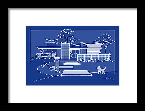 Mid-century Modern Framed Print featuring the digital art Mid-century blueprint, Chrysler with White Dog by Larry Hunter