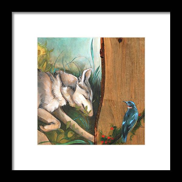 Wolf And Blue Bird Framed Print featuring the painting Mid-Summers Day Dream 3rd Panel by Jacqueline Hudson