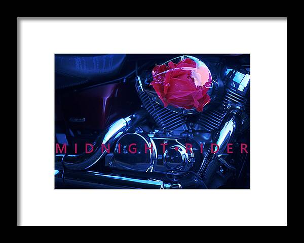 Midnight Motorcycle Framed Print featuring the photograph Midnight Rider Motorcycle And A Red Rose by Suzanne Powers