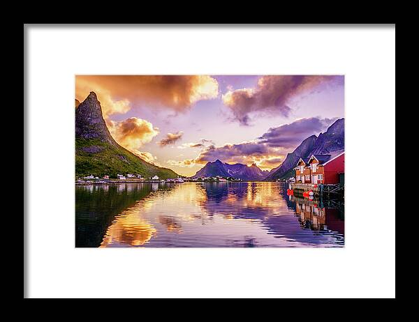 Lofoten Framed Print featuring the photograph Midnight sun reflections in Reine by Dmytro Korol