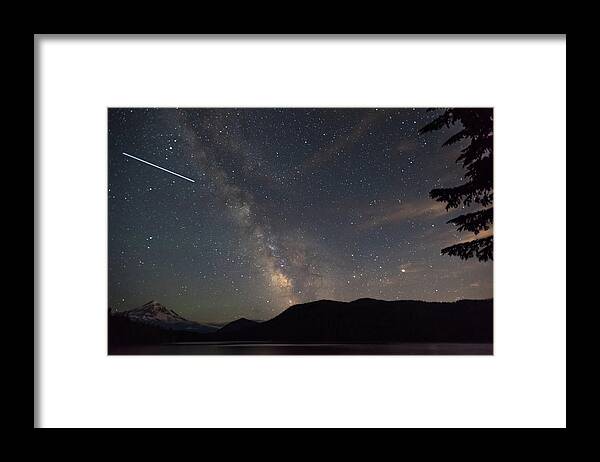 Water Framed Print featuring the photograph Milky Way over Mount Hood with International Space Station by Brenda Jacobs