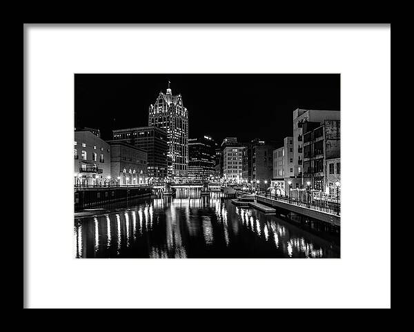 Monochrome Framed Print featuring the photograph Milwaukee at Night by John Roach