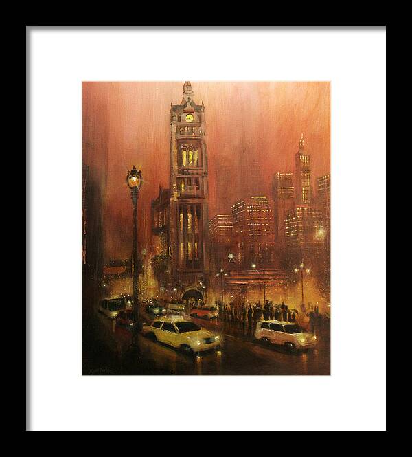 City At Night Framed Print featuring the painting Milwaukee City Hall by Tom Shropshire