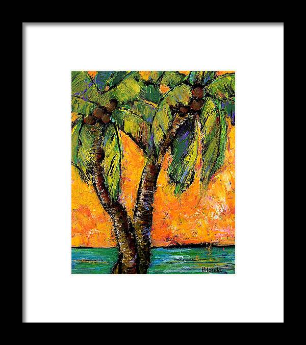 Bright Framed Print featuring the painting Mimosa Sky Palm by Blenda Studio