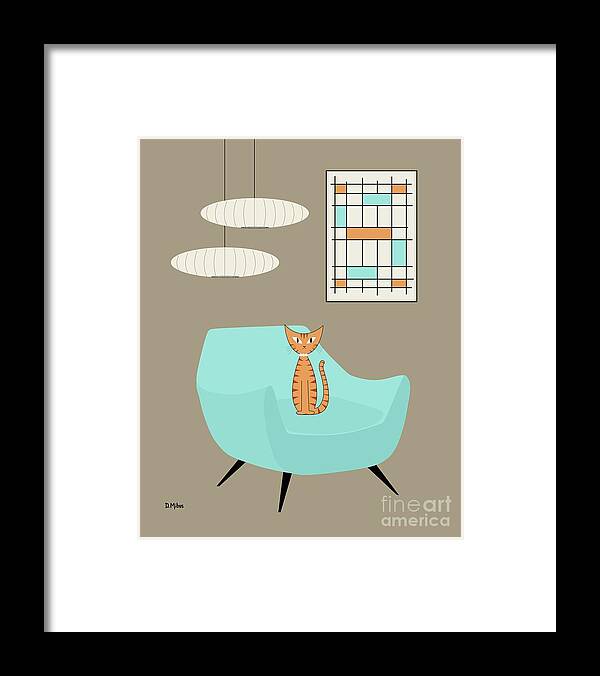 Mid Century Modern Framed Print featuring the digital art Mini Abstract Blue Chair Orange Cat by Donna Mibus