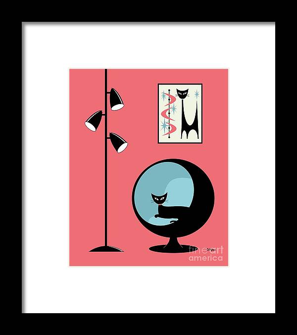 Mid Century Modern Framed Print featuring the digital art Mini Atomic Cat on Pink by Donna Mibus