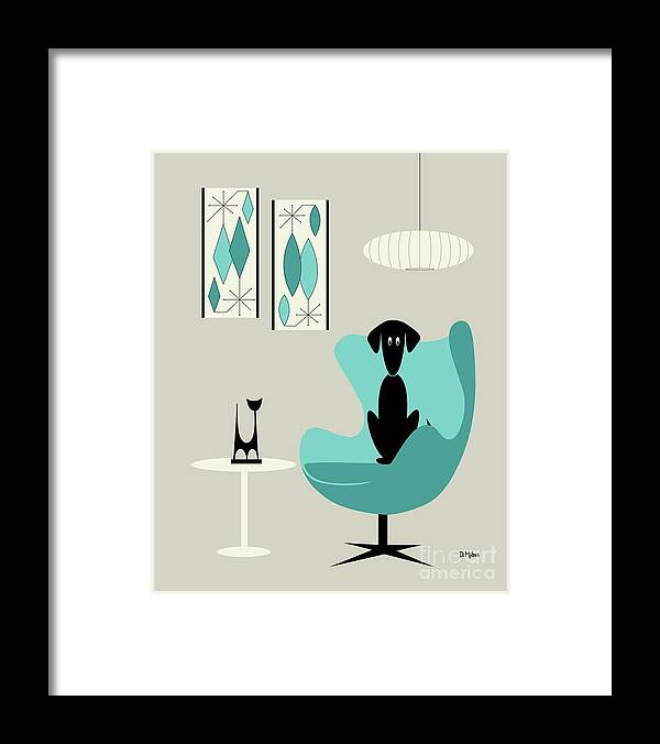 Teal Framed Print featuring the digital art Mini Gravel Art on Gray with Black Dog by Donna Mibus